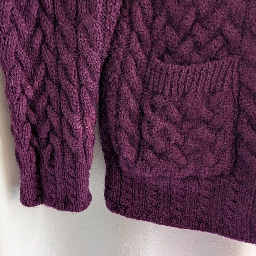 Shades Of Aran Ireland Purple Wool Fisherman Cable Knit Zipper Cardigan Sweater - Picture 5 of 13